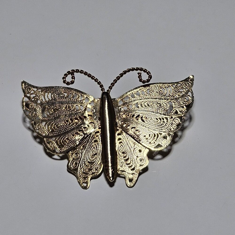 Vintage Gold Tone Ornate Filigree Butterfly Pin Brooch